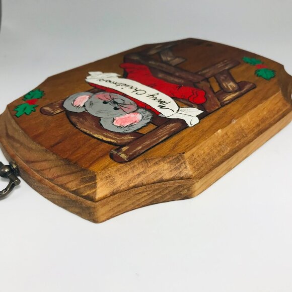 Vintage Hand Painted Mouse Merry Christmas Plaque Holiday Wall Decor Kitschy - Picture 5 of 7